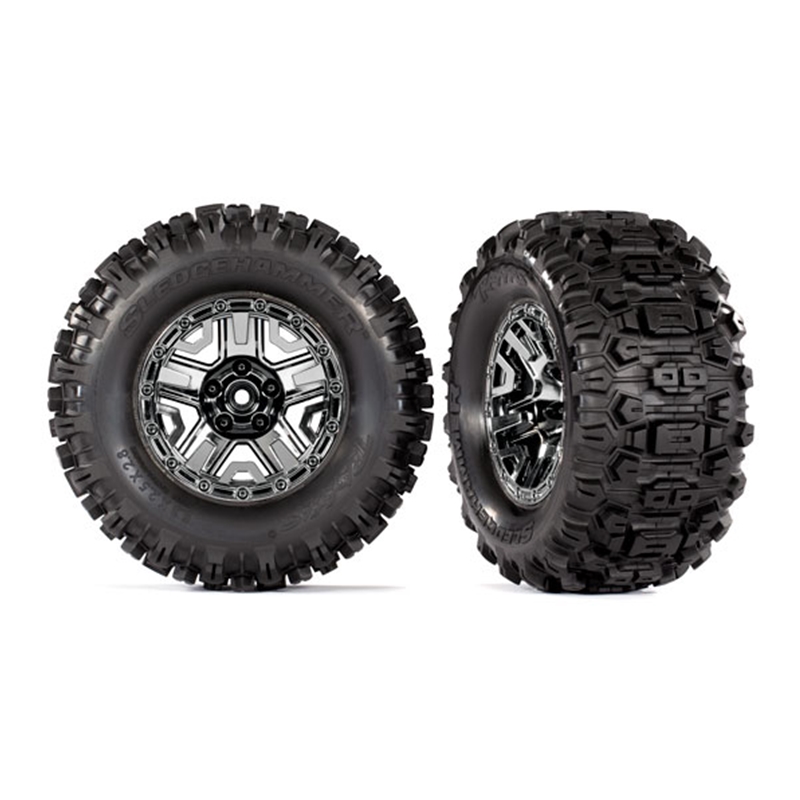 TRA9072 Traxxas Black chrome 2.8' wheels, Sledgehammer™ tires, foam inserts (2) (TSM® rated)