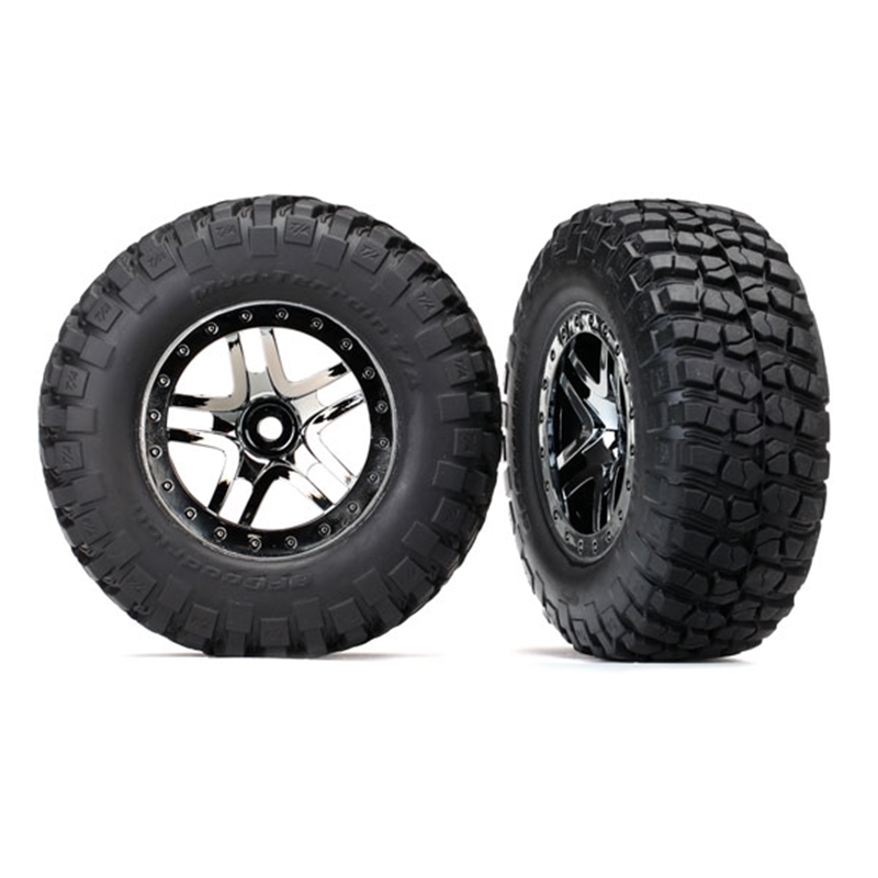 Traxxas 6873T Tires & wheels, assembled, glued (SCT Split-Spoke black chrome beadlock style wheels)