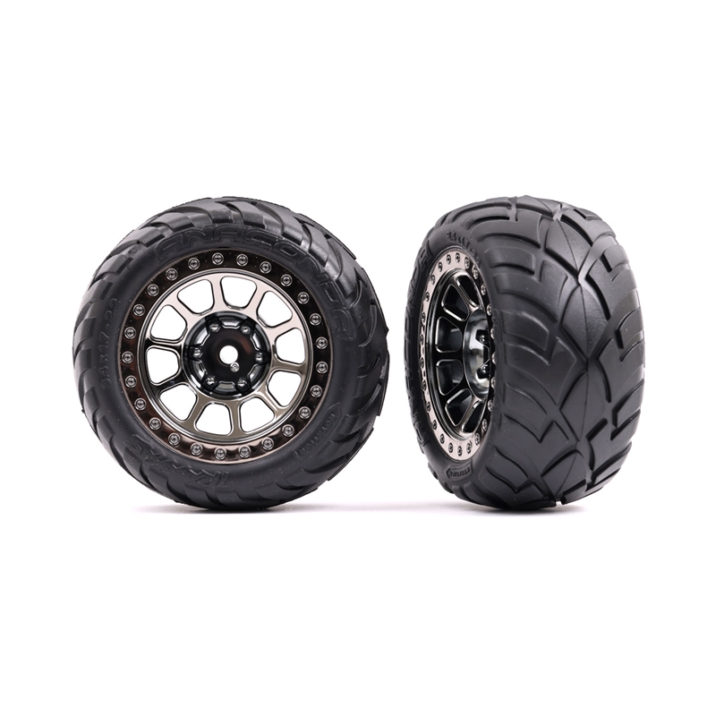 TRA2478T Traxxas Tires & wheels, assembled (2.2" black chrome wheels, Anaconda® 2.2" tires with foam inserts) (2) (Bandit® rear)