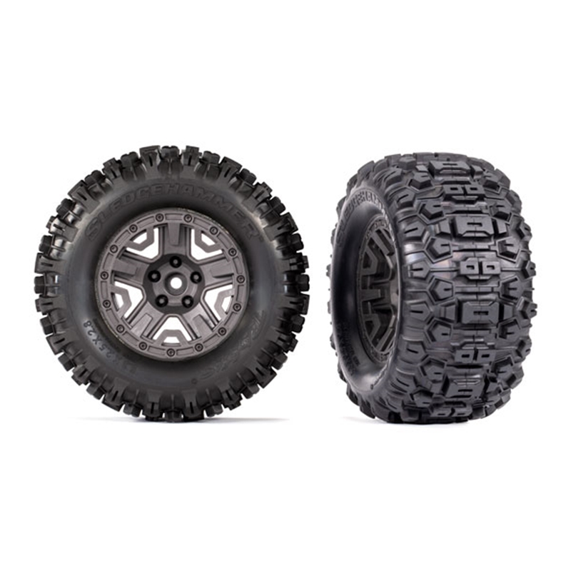 TRA9072-GRAY Traxxas Tires & wheels, assembled, glued (charcoal gray 2.8" wheels, Sledgehammer® tires, foam inserts) (2) (TSM® rated)