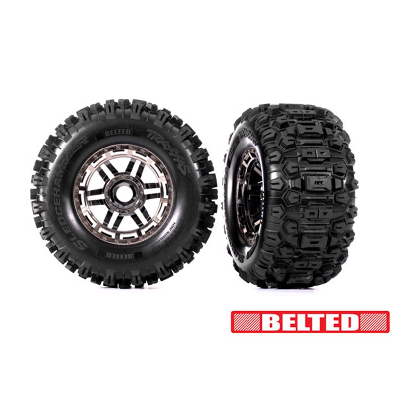 Traxxas 8979A Tires & wheels, assembled, glued (black chrome wheels, belted Sledgehammer® All-Terrain tires